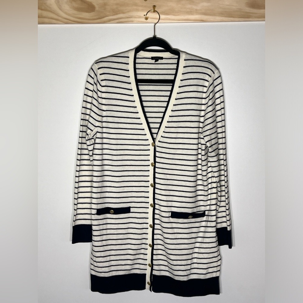 Talbots Long Cardigan V-neck Long Sleeve Button Stripes Women Size Large Preppy
